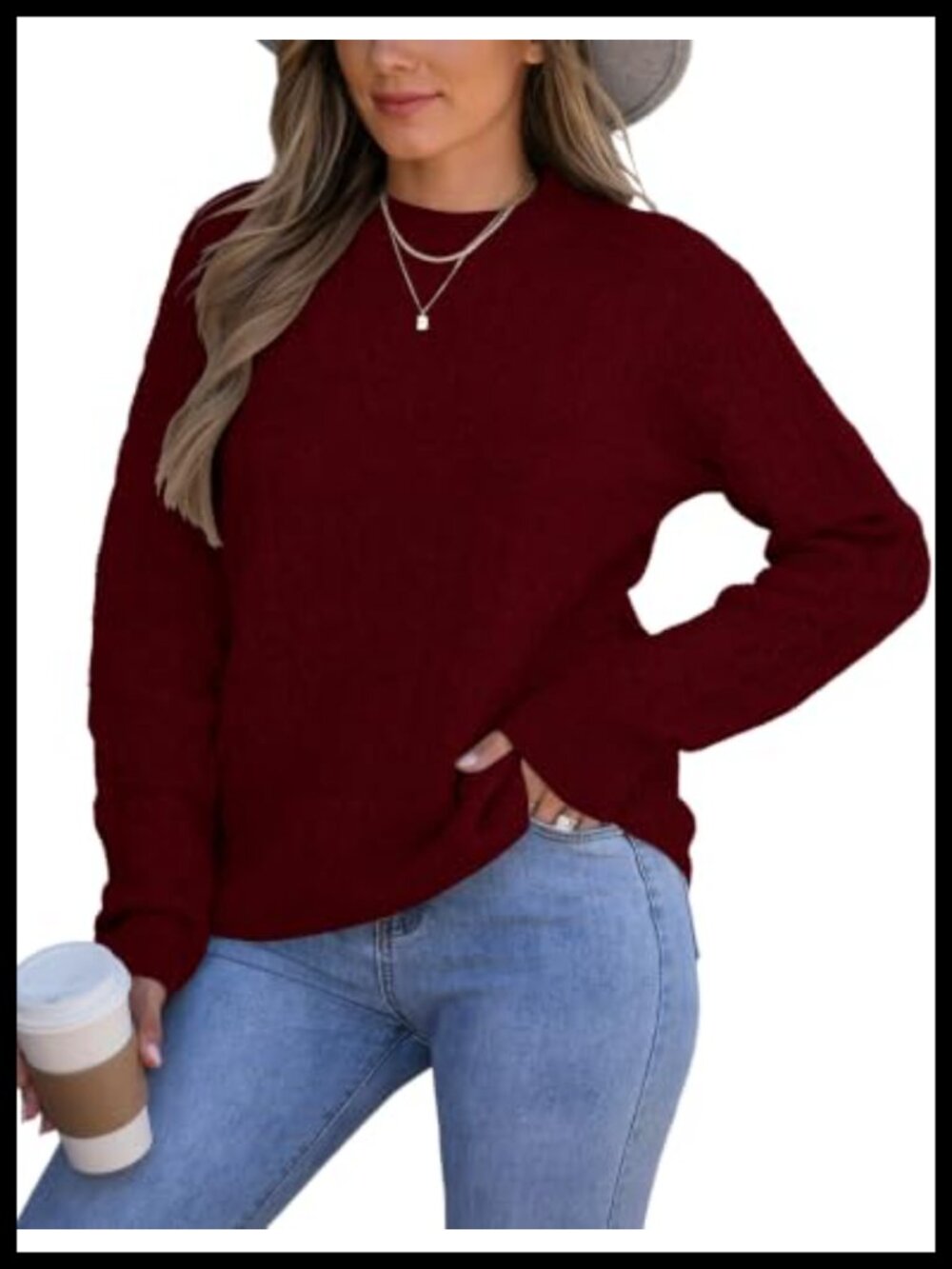 Womens Cable Knit Mockneck Long Sleeve Oversized Chunky Pullover Sweater